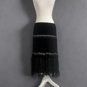 Body Central Vintage Size Medium Black Fringe Beaded Trim Sequin Maxi Skirt
